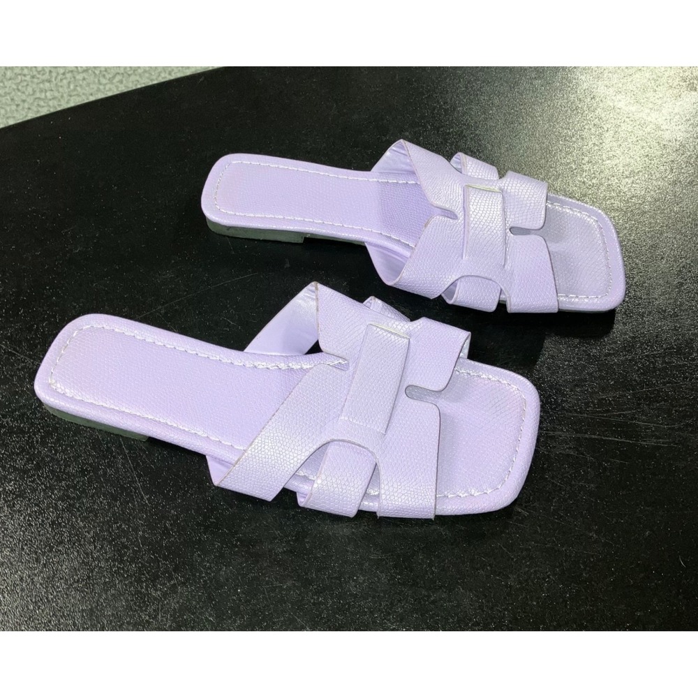 Square Toe Slide Sandals 36 US 5.5 6‎ Lilac Purple H-Strap Textured Pastel Flats